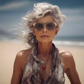 时尚成熟风奶奶灰美女海边写真图片